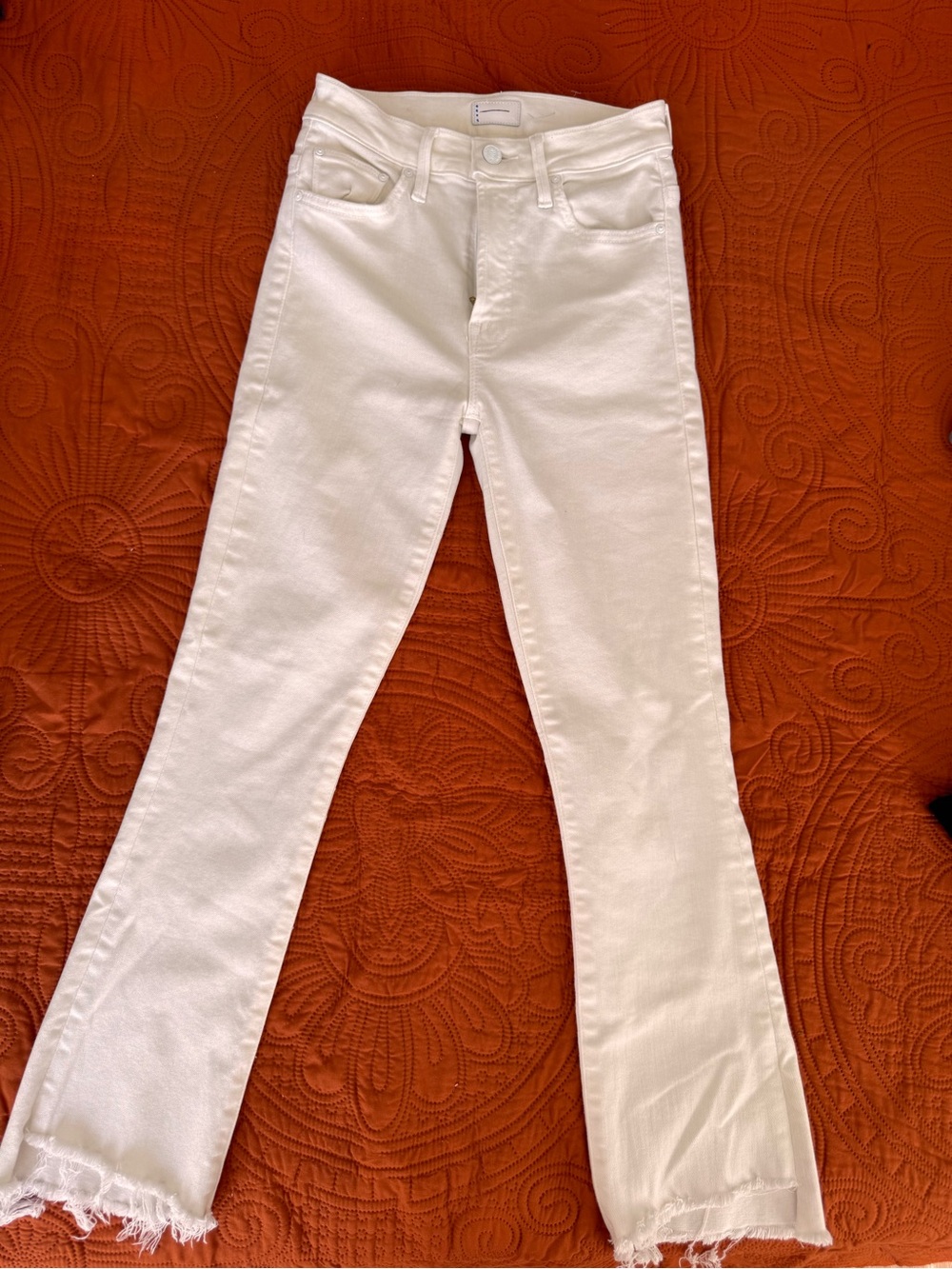 MOTHER White High-Rise Flare Jeans with Raw Hem